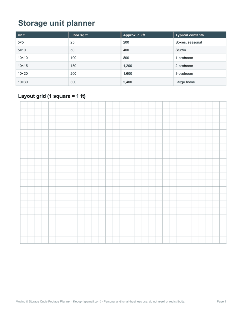 Preview of the first page of Storage unit planner