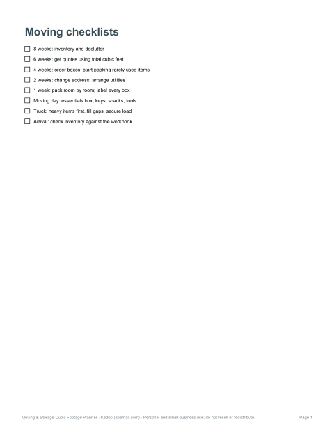 Preview of the first page of Packing & moving day checklists